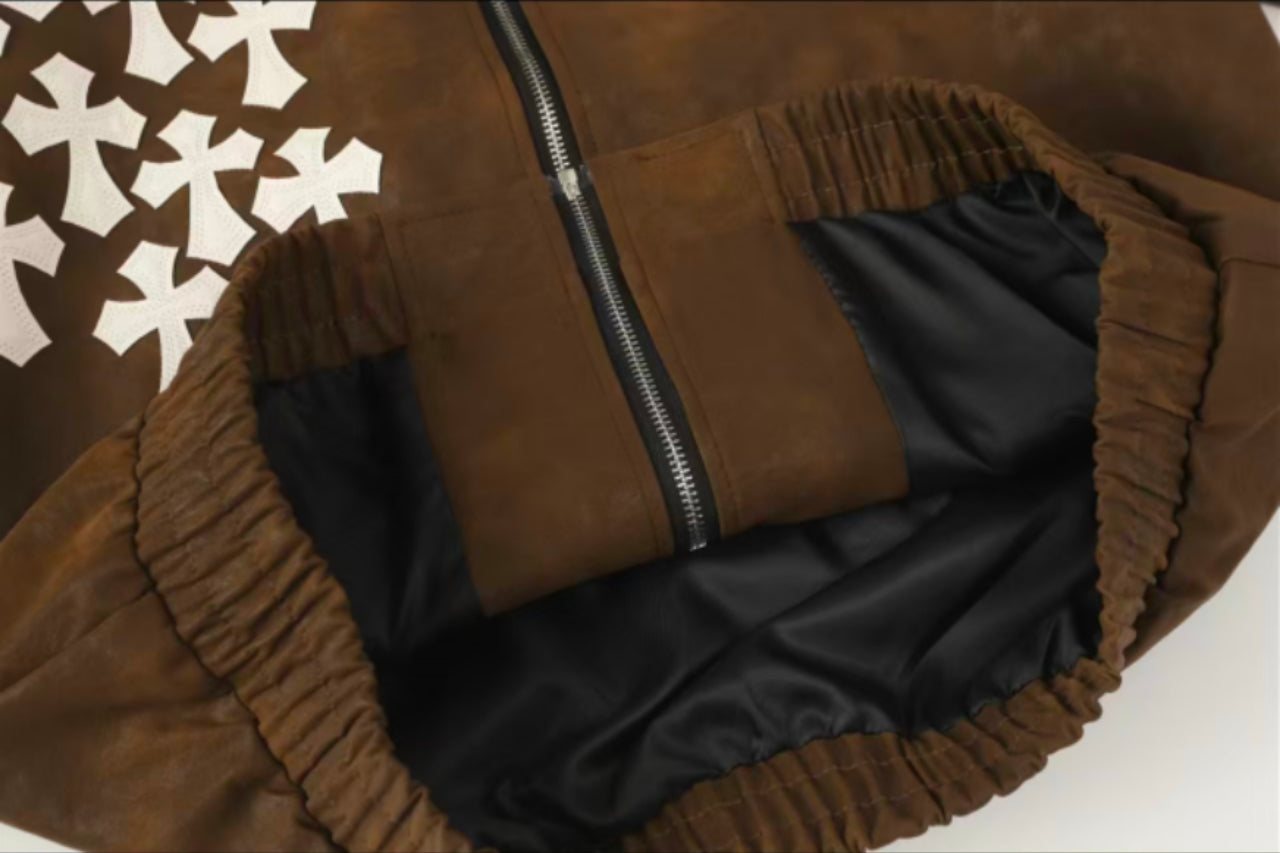 Cross Patch Suede Jacket - Brown Gothic Streetwear Outerwear 8833