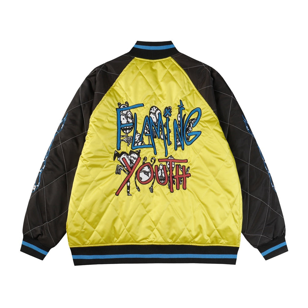 Flaming Youth Bomber Jacket - Yellow Black Graphic Street Coat D10